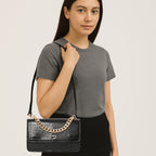 Embossed Croco Pattern Croc-Textured Chain Sling Bag For Womens