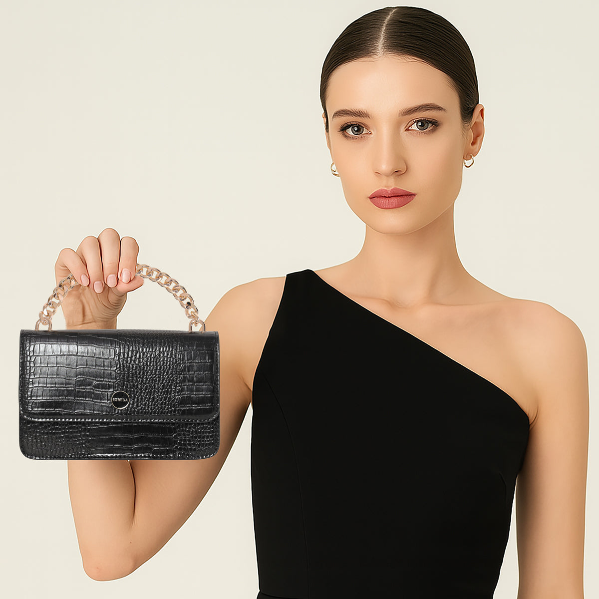 Embossed Croco Pattern Croc-Textured Chain Sling Bag For Womens