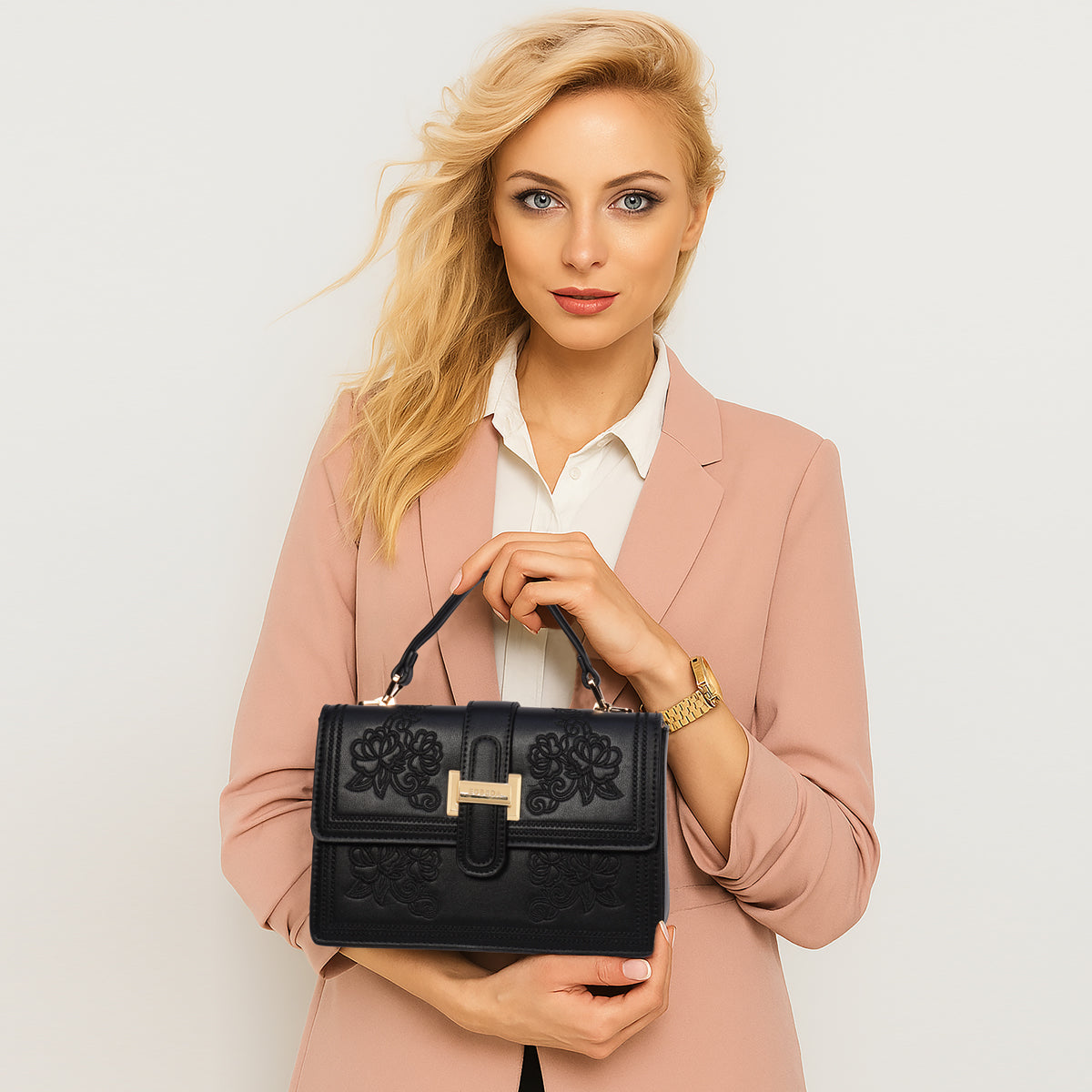 Floral Embroidery Structured Handbag For Womens