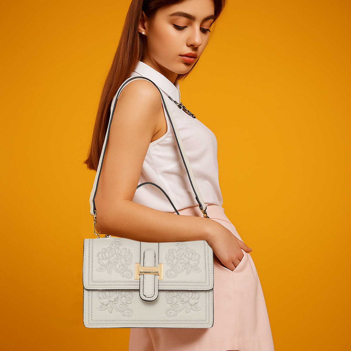 Floral Embroidery Structured Handbag For Womens