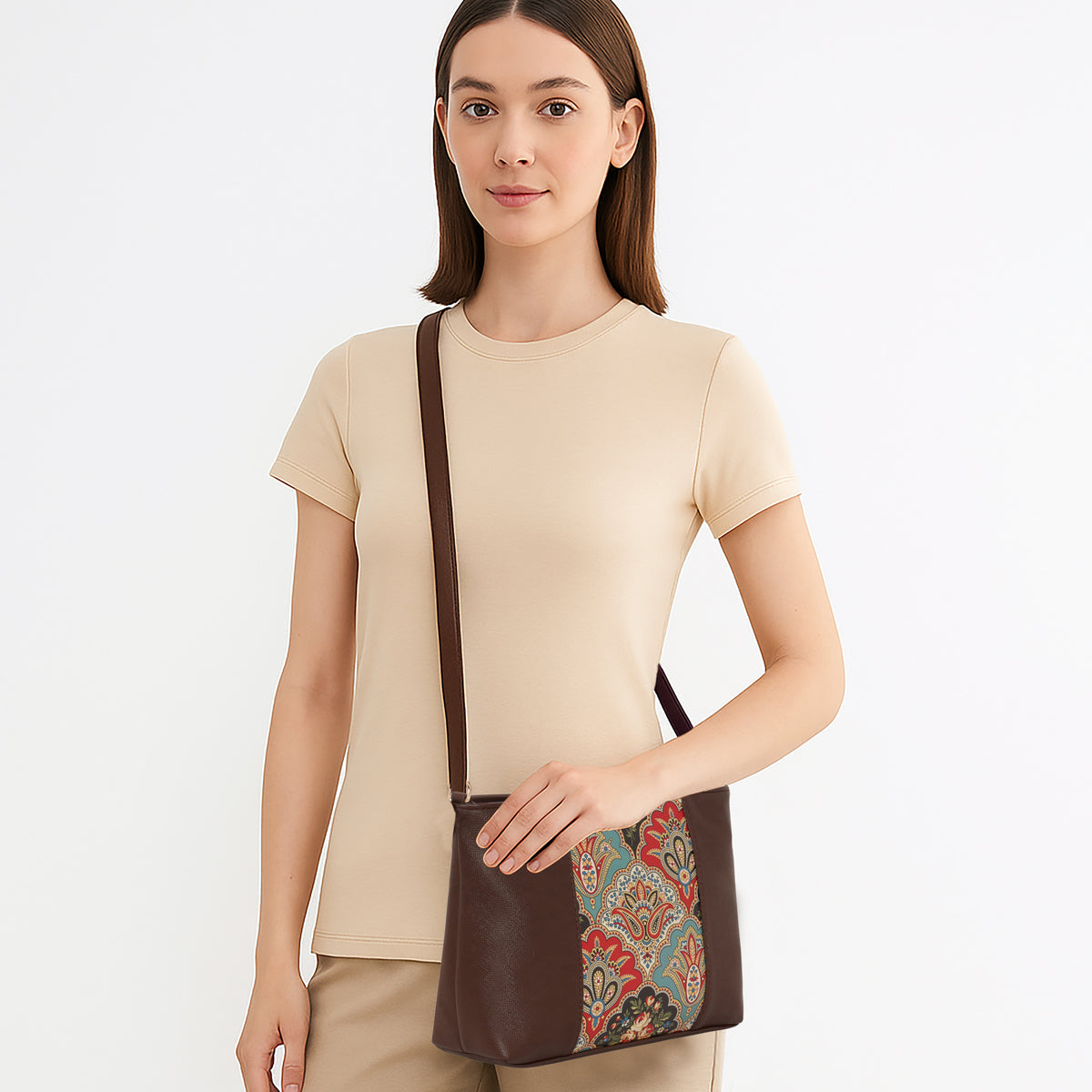 Printed Pattern Ethnic Print Panel Sling Bag For Womens