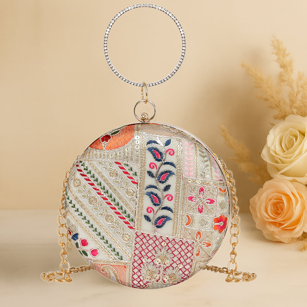 Regal Stripes & Florals Round Clutch For Womens Main image