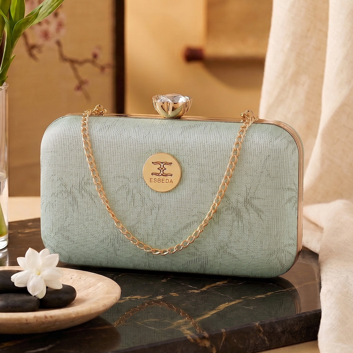 Glitter Leaf Frame Box Clutch For Womens