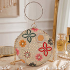 Heritage Bloom Embroidered Round Clutch For Womens