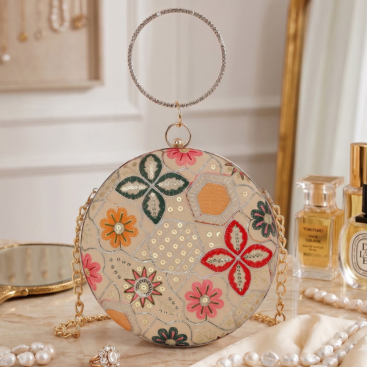 Heritage Bloom Embroidered Round Clutch For Womens