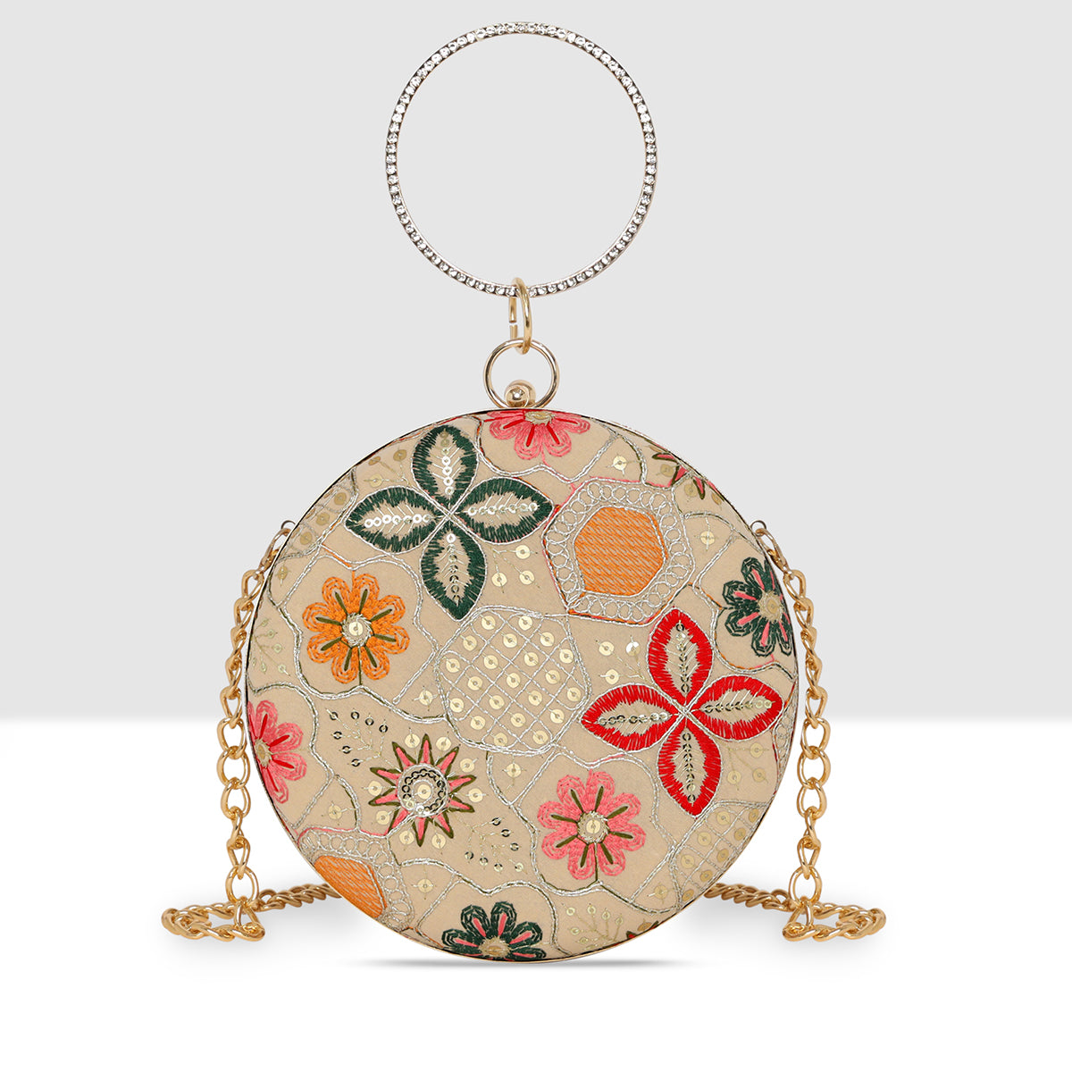 Heritage Bloom Embroidered Round Clutch For Womens