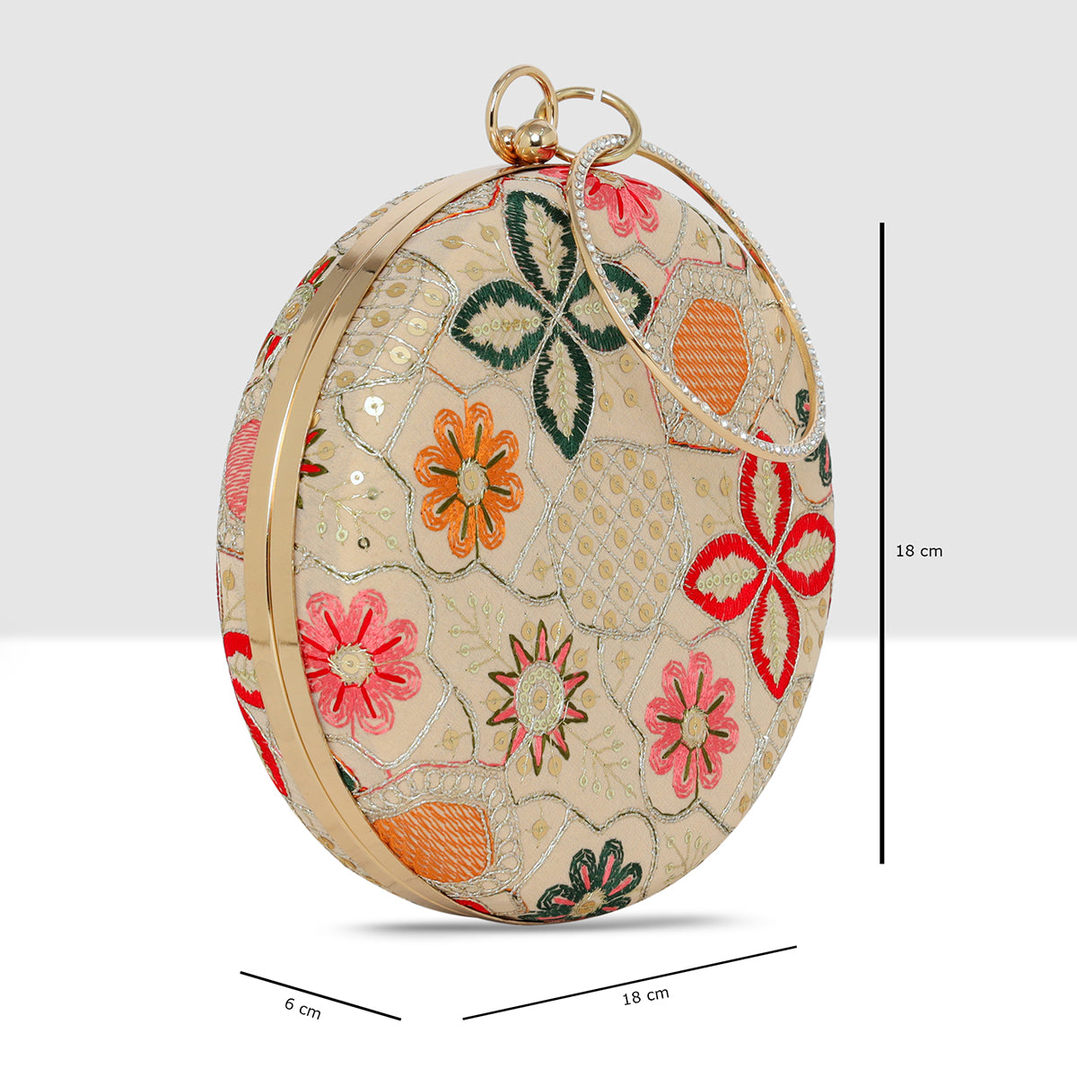 Heritage Bloom Embroidered Round Clutch For Womens