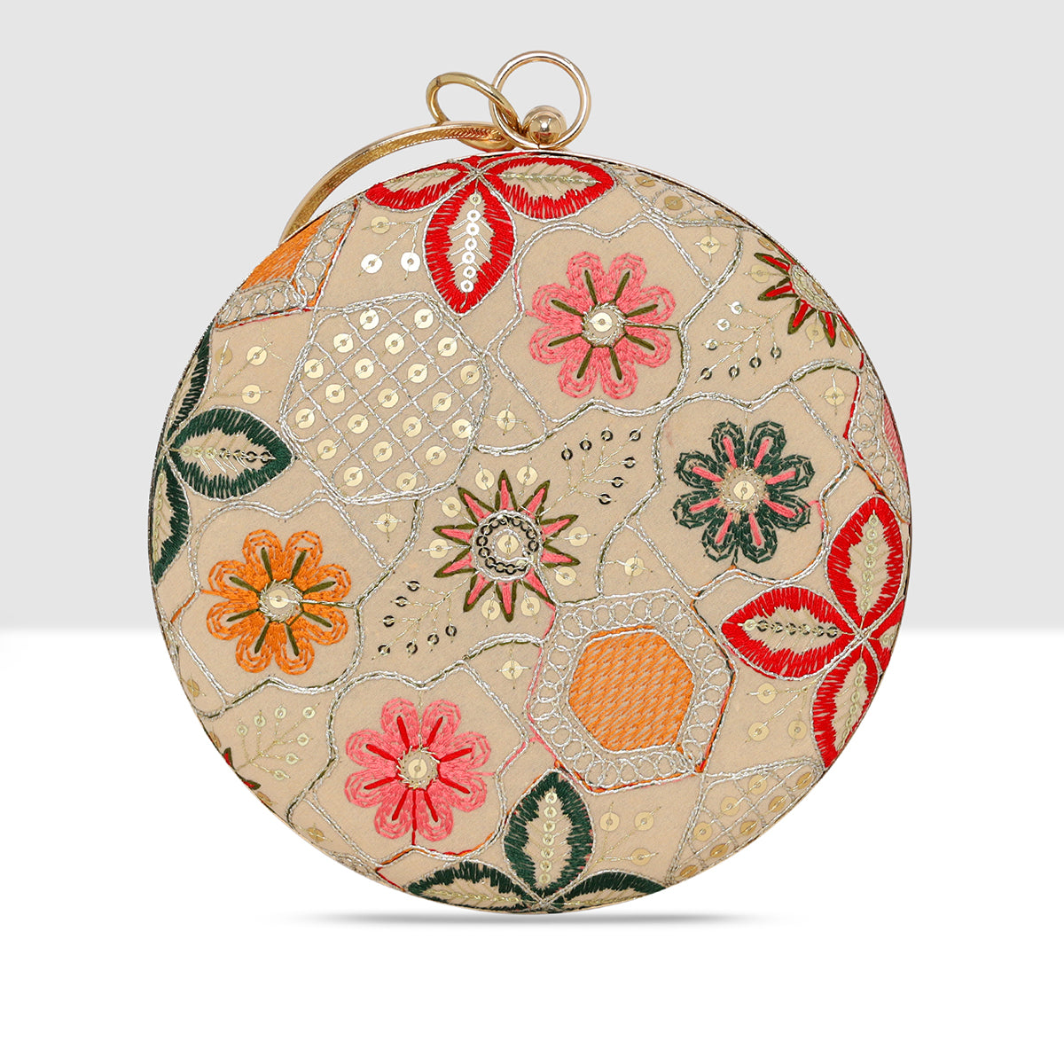 Heritage Bloom Embroidered Round Clutch For Womens