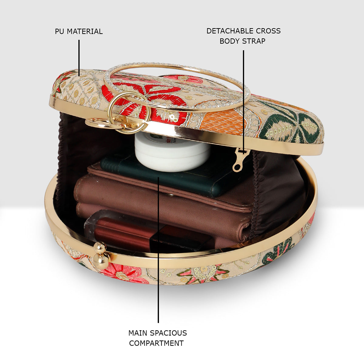 Heritage Bloom Embroidered Round Clutch For Womens