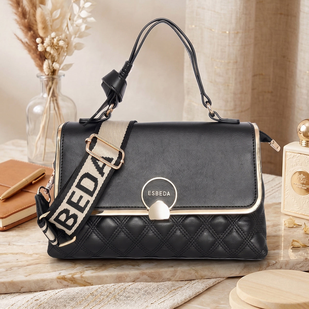 Luxe Quilted Top Handle Bag For Womens