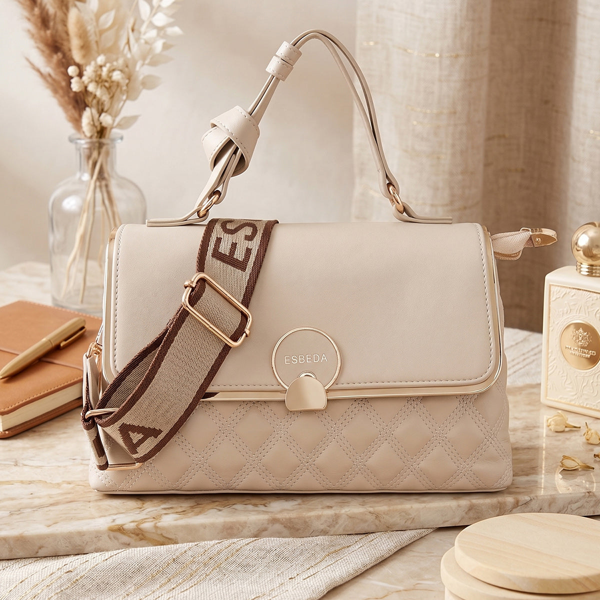 Luxe Quilted Top Handle Bag For Womens