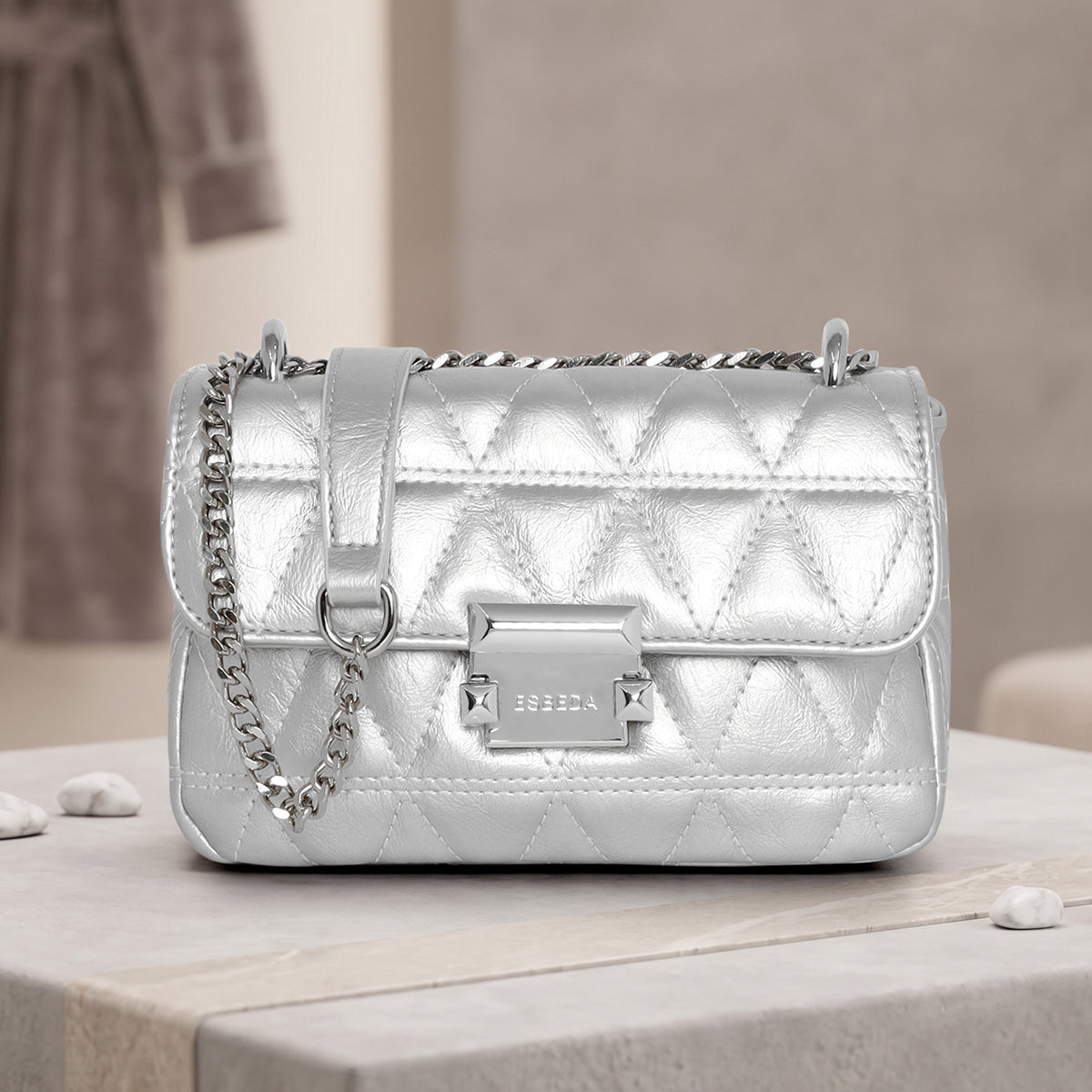 Diamond Quilted Lock Flap Slingbag For Womens