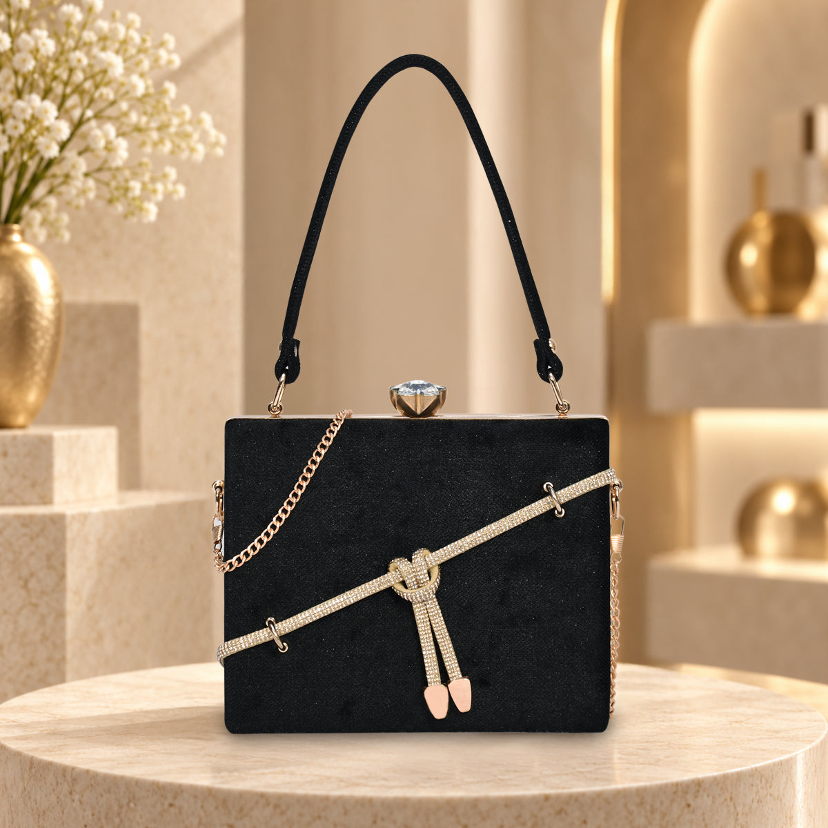 Crystal Belt Top Handle Clutch