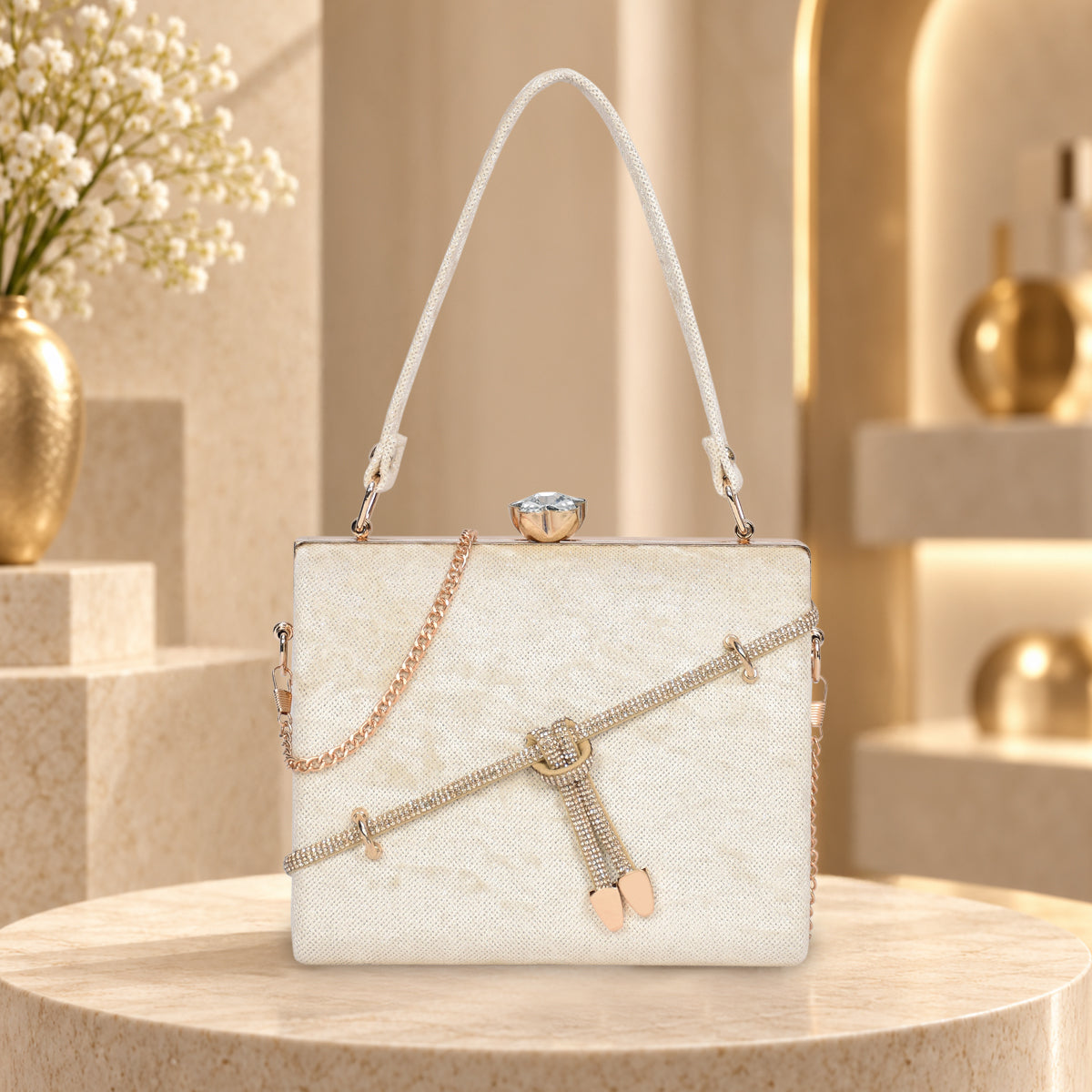 Crystal Belt Top Handle Clutch