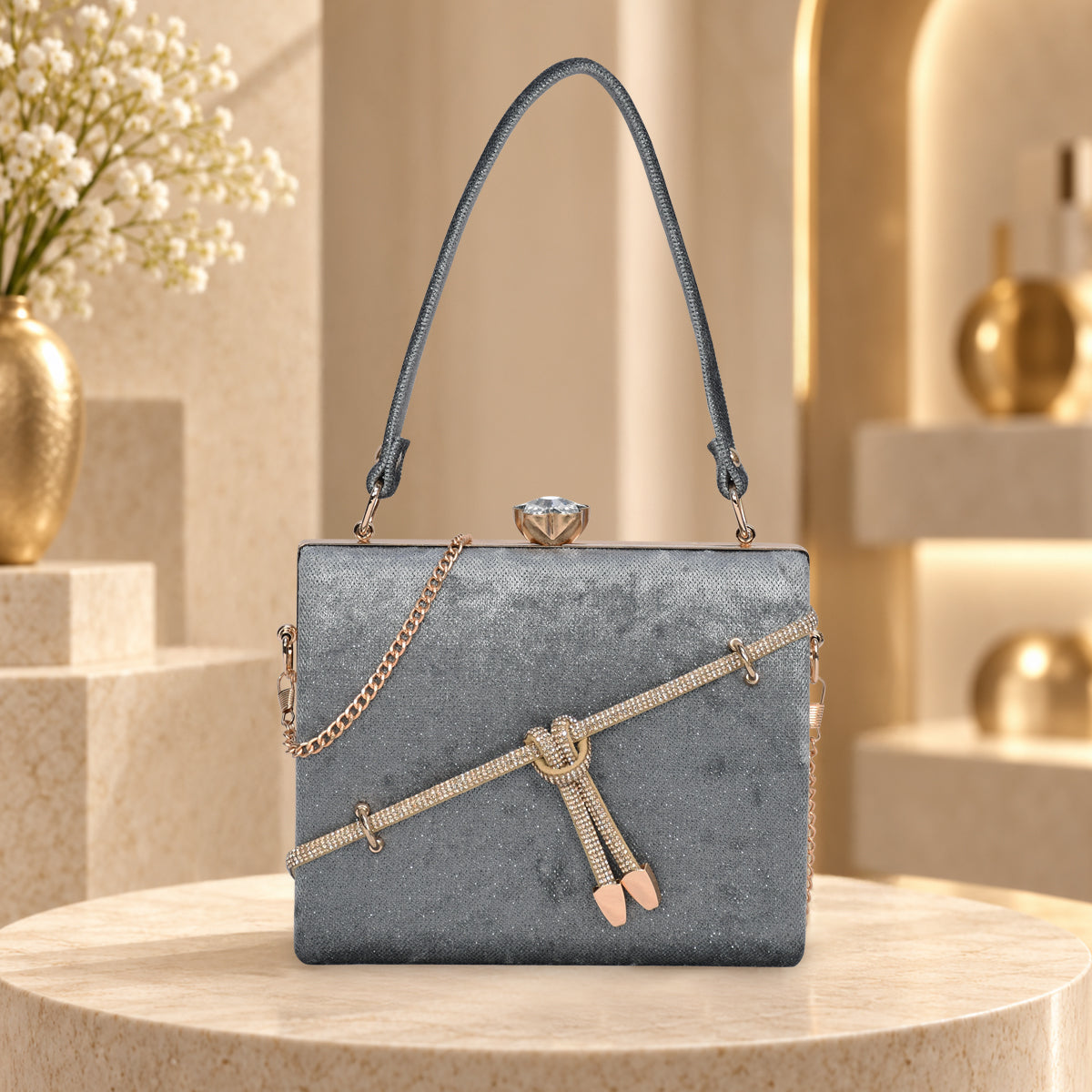 Crystal Belt Top Handle Clutch