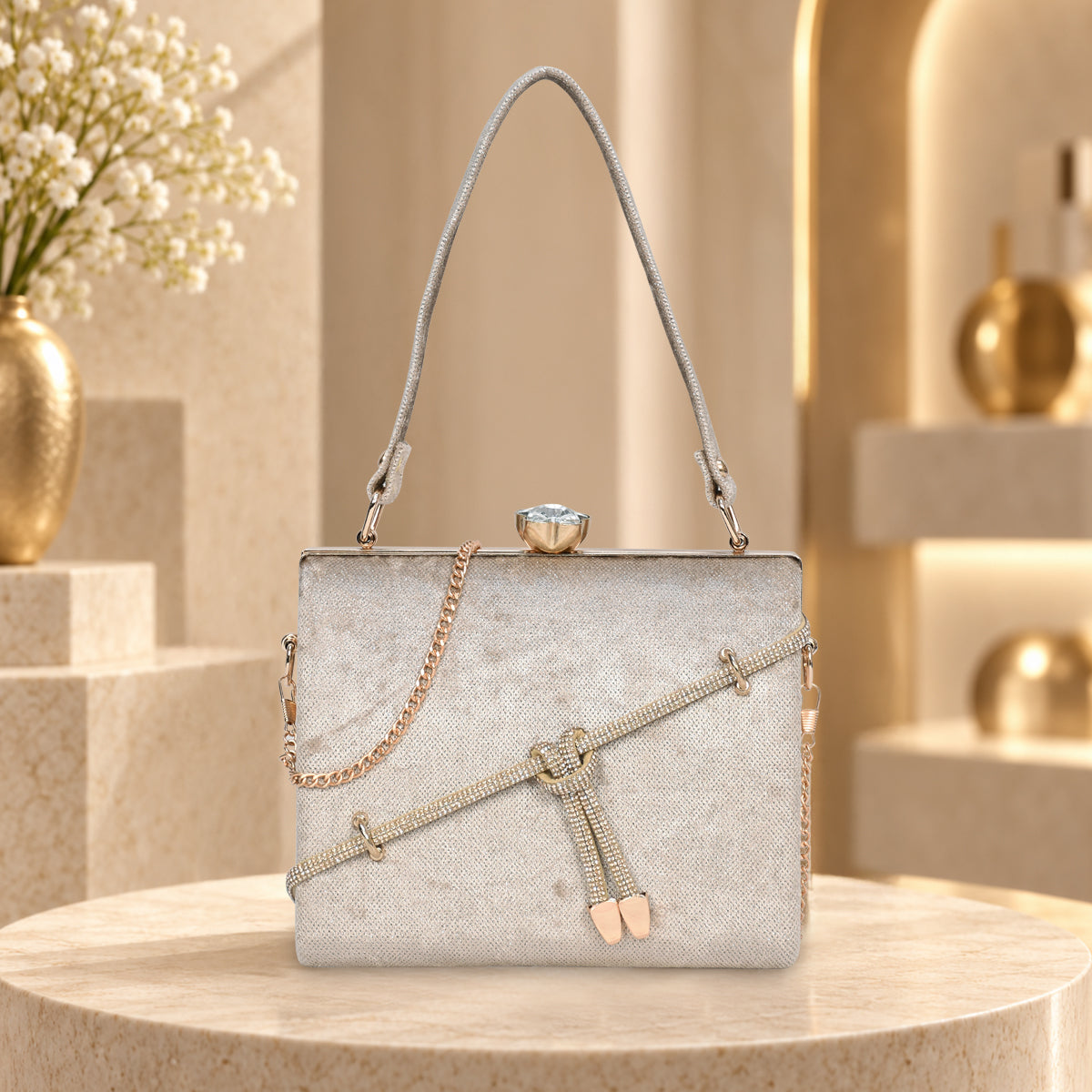 Crystal Belt Top Handle Clutch