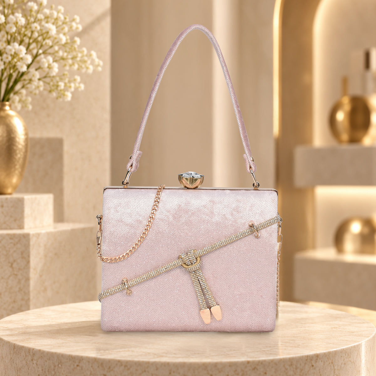 Crystal Belt Top Handle Clutch