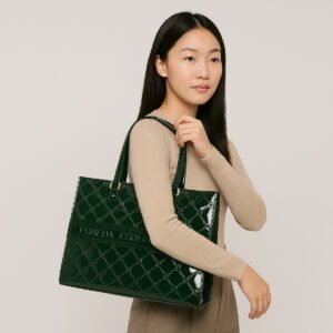 ESBEDA Green Color Logo Embossed Glossy Handbag For Women
