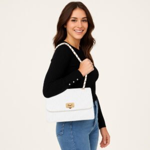 ESBEDA White Color Classic Weave Flap Sling Bag For Women