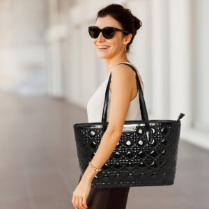 ESBEDA Black Color Gloss Grid Shopper Handbag For Women
