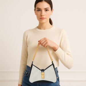 ESBEDA Cream-Black Color Luxe Chain Flap Sling Bag For Women