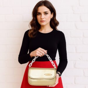 ESBEDA Gold Color Rectangular Flap Design Sling Bag For Women